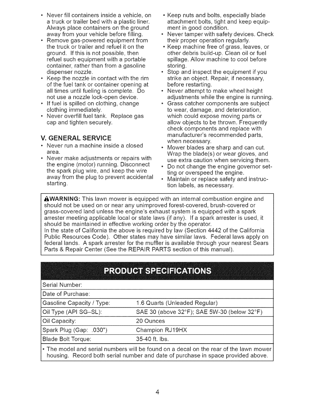 Craftsman 917.375631 owner manual Api Sg-Sl Sae, RJ19HX 