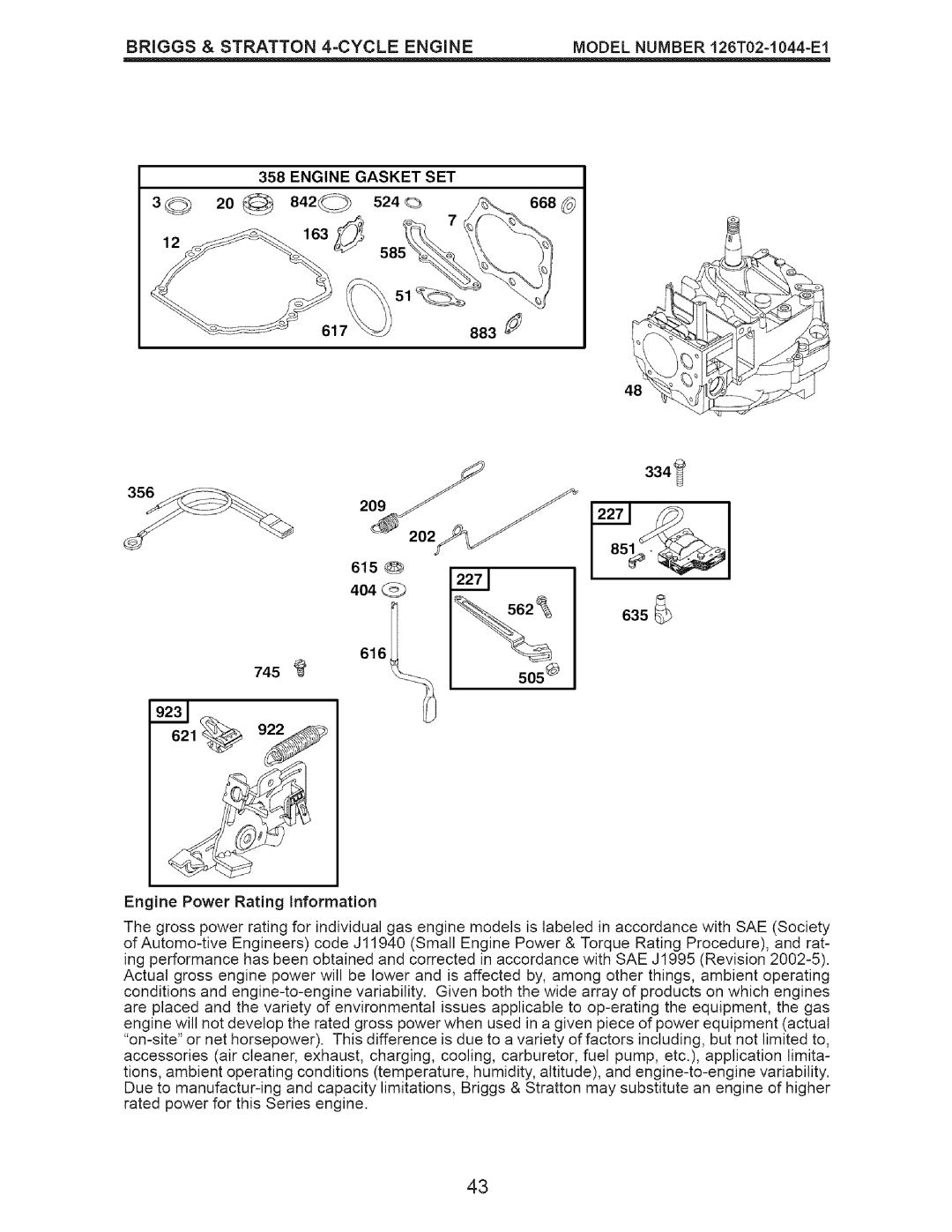 Craftsman 917.375631 owner manual 842 S24 668, Engine Gasket SET 