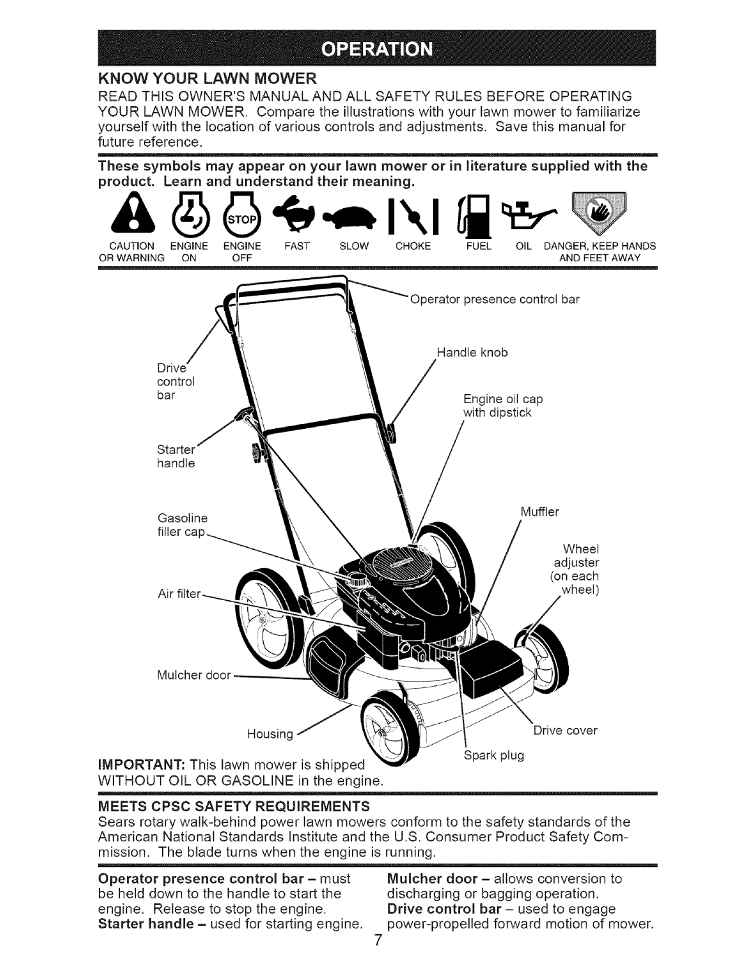 Craftsman 917.375631 owner manual Know Your Lawn Mower, Meets Cpsc Safety Requirements 