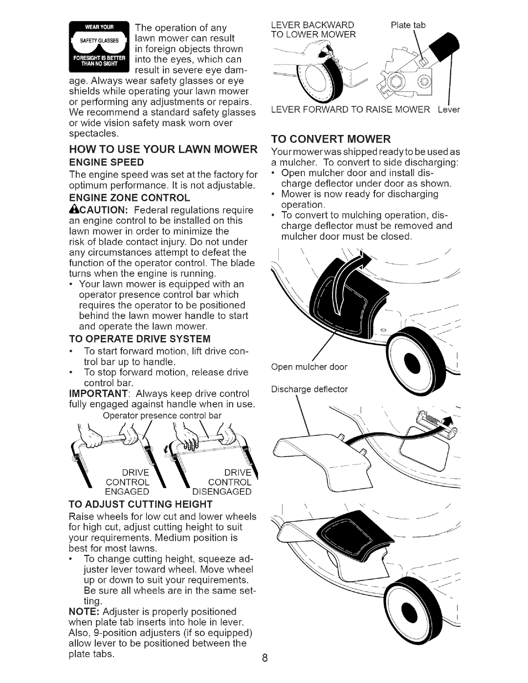 Craftsman 917.375631 owner manual HOW to USE Your Lawn Mower, To Convert Mower 