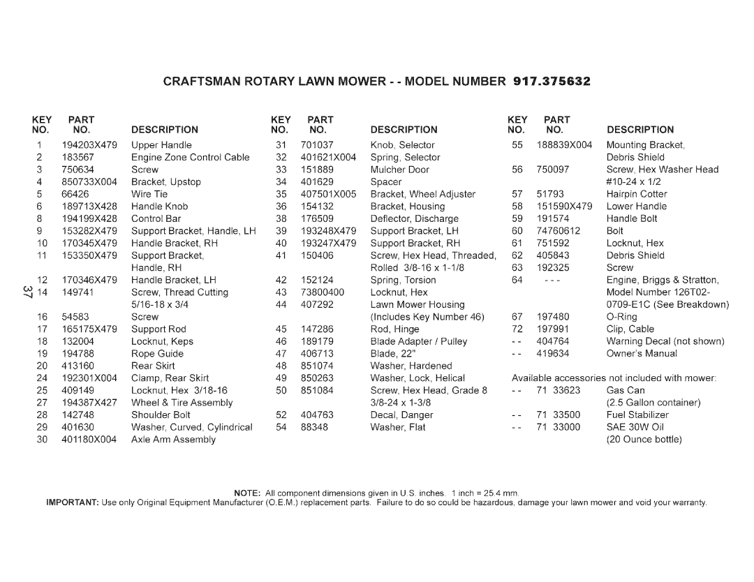 Craftsman 917.375632 manual KEY Part NO, no, SAE 30W 