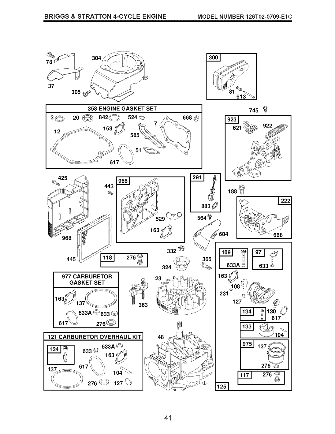 Craftsman 917.375632 manual Engine Gasket SET, Carburetor Gasket SET, Carburetor Overhaul KIT 