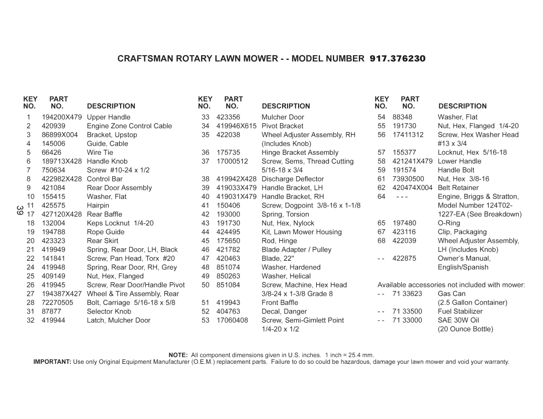 Craftsman 917.376230 manual Description KEY, KEY Part Description 