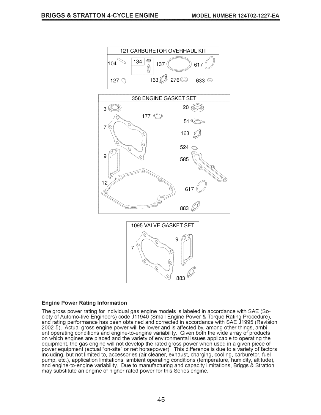 Craftsman 917.376230 manual Engine Gasket SET, Valve Gasket SET, Engine Power Rating information 