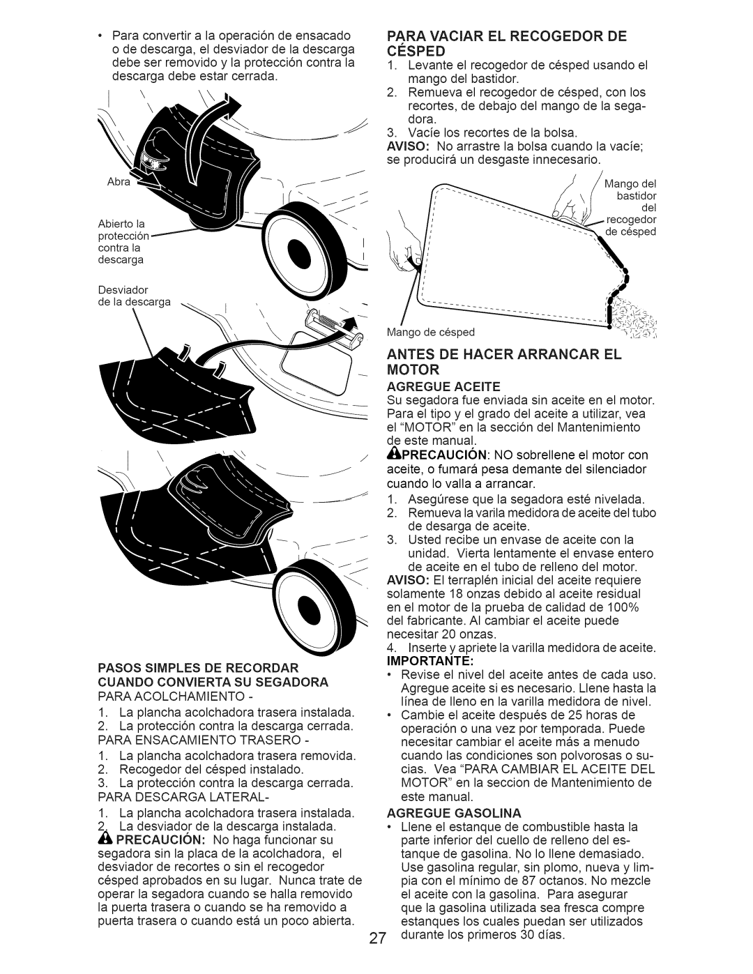 Craftsman 917.376230 manual Paraconvertira la operaci6ndeensacado, Antes De Hacer Arrancar El Motor 