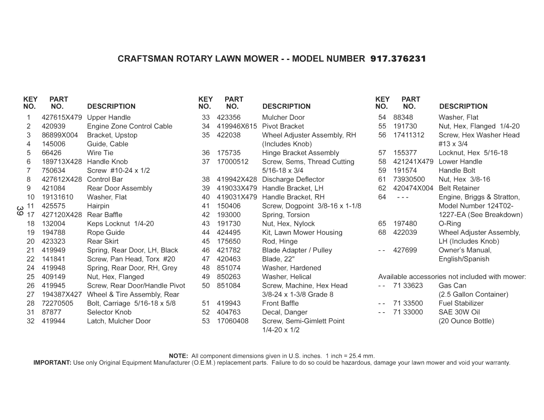 Craftsman 917.376231 owner manual Description KEY, KEY Part Description 