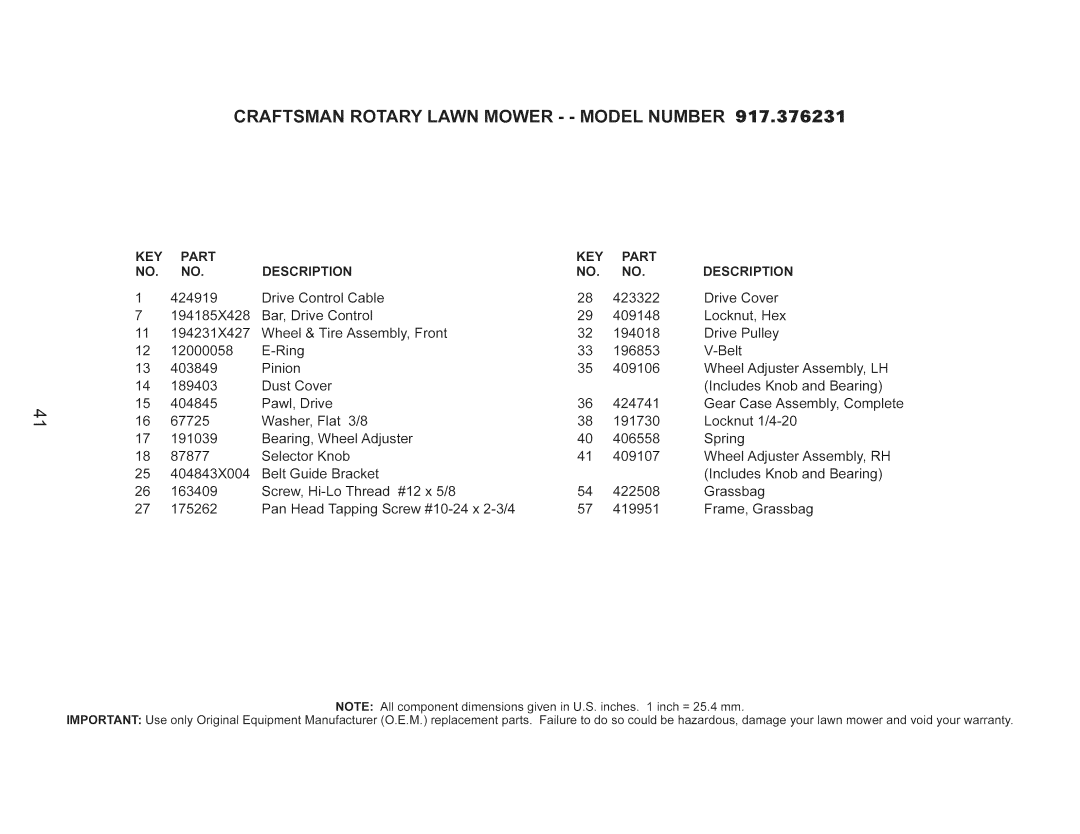 Craftsman 917.376231 owner manual Craftsman Rotary Lawn Mower - Model Number 917o376231 