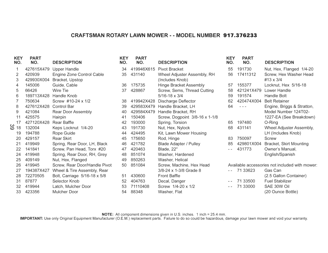 Craftsman 917.376233 owner manual Key, Part, DESCRiPTiON, SAE 30W 