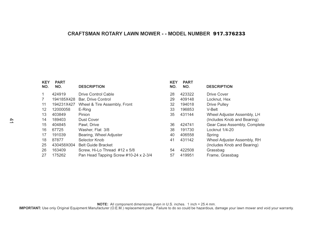 Craftsman 917.376233 owner manual KEY Part Description, Frame, Grassbag 