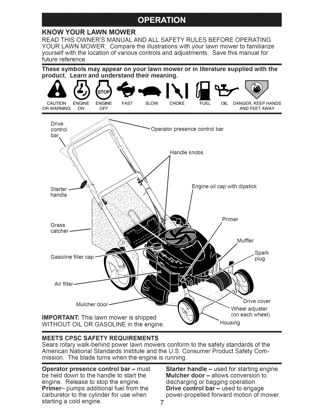 Craftsman 917.376233 owner manual Know Your Lawn Mower, Meets Cpsc Safety Requirements 