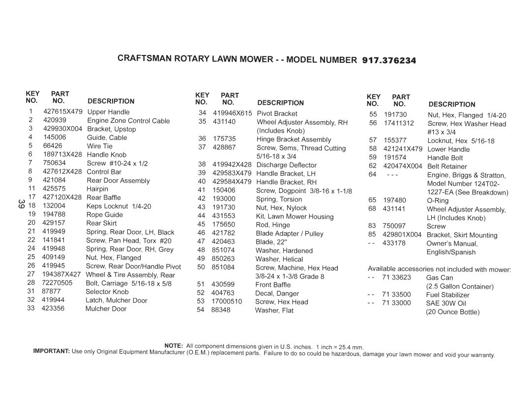 Craftsman 917.376234 manual Craftsman Rotary Lawn MOWER- Model Number 917=376234, Key, Part Description, SAE 30W 