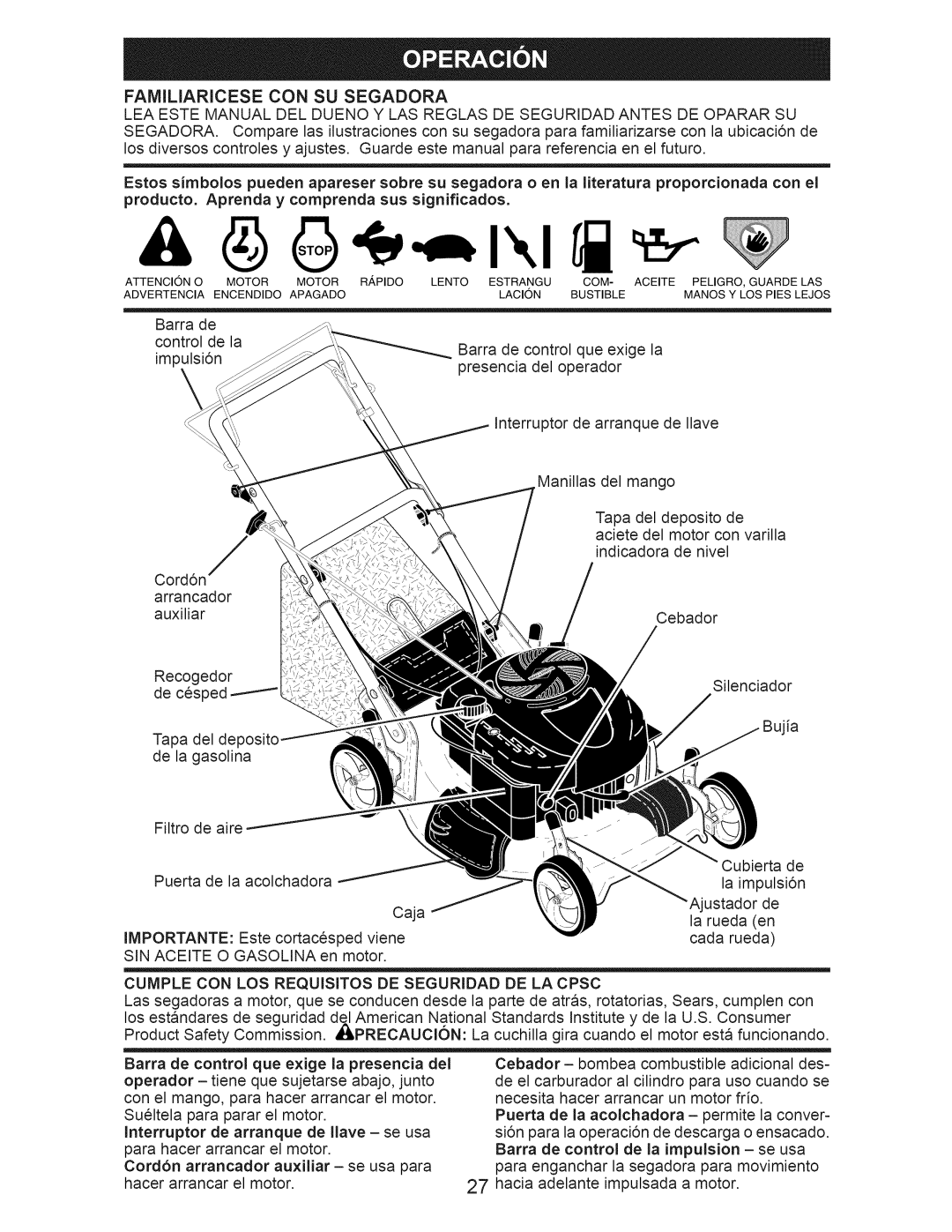 Craftsman 37624 manual Producto. Aprenda y comprenda sus significados, La presencia, Operador, Control de la impulsion 