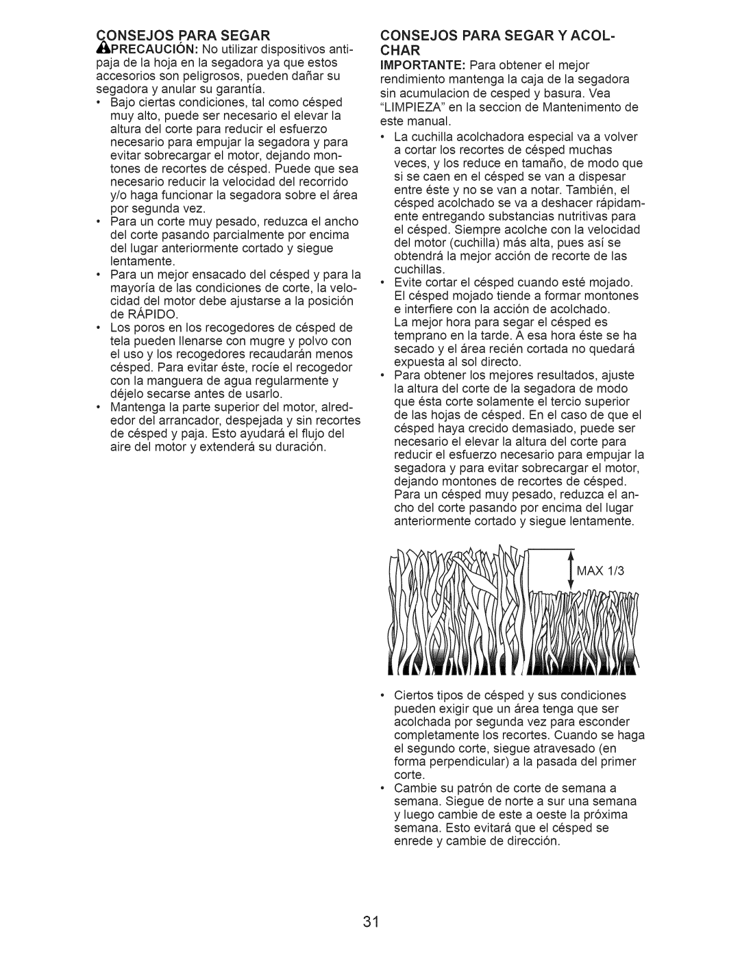 Craftsman 917.376240 manual Onsejos Para Segar, Consejos Para Segar Y ACOL- Char 