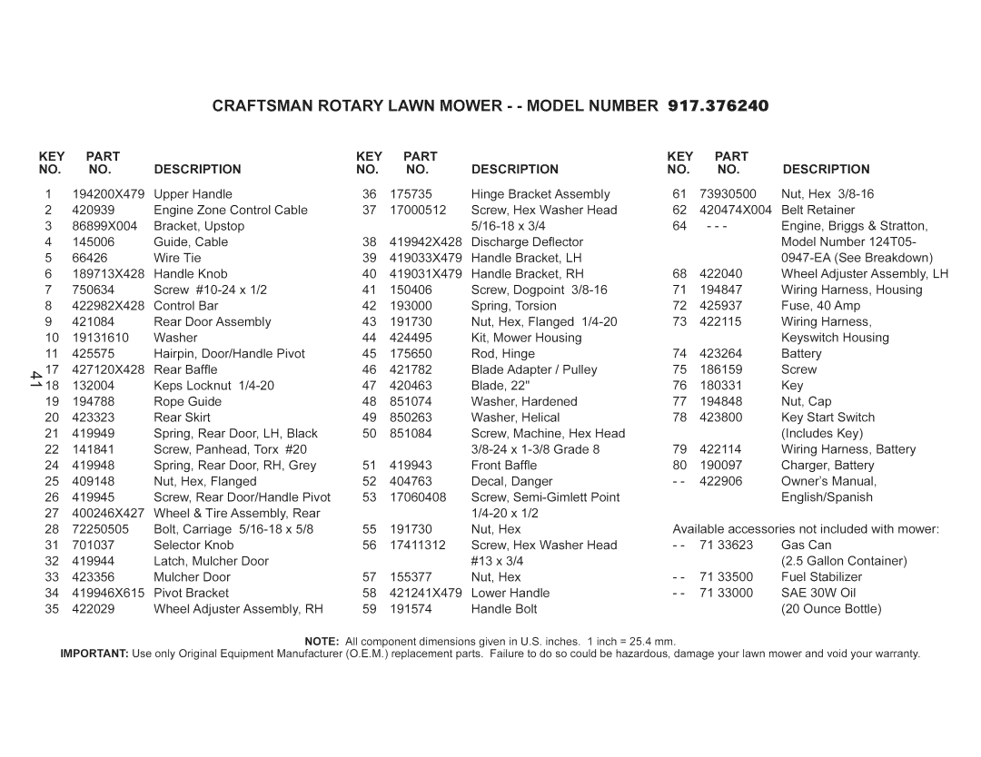 Craftsman 917.376240 manual Craftsman, Key, Part Description, SAE 30W 