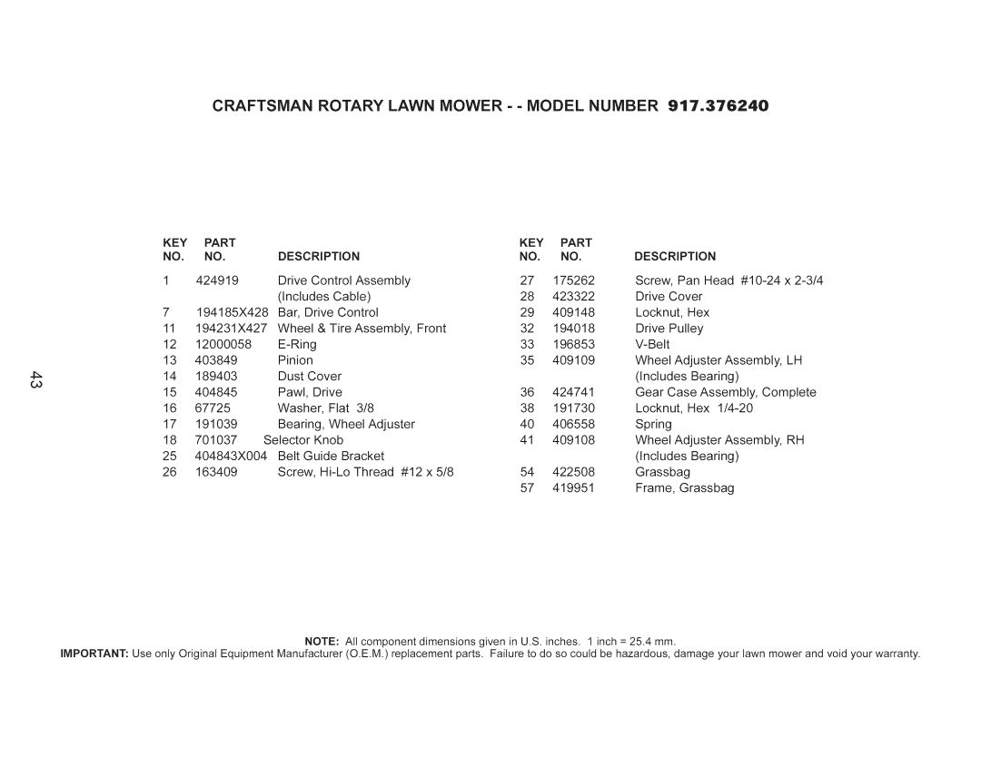 Craftsman 917.376240 manual KEY Part Description, DESCRiPTiON 