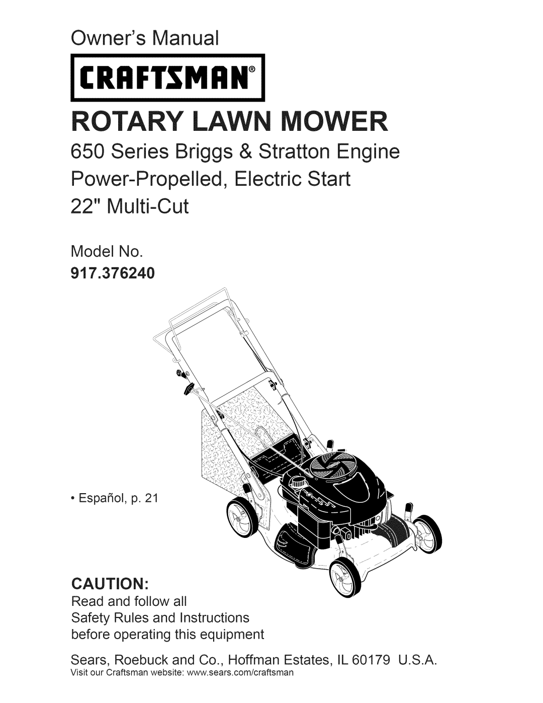 Craftsman manual Model No 917.376240, Craftsman, Rotary Lawn Mower, Owners Manual, Series Briggs & Stratton Engine 