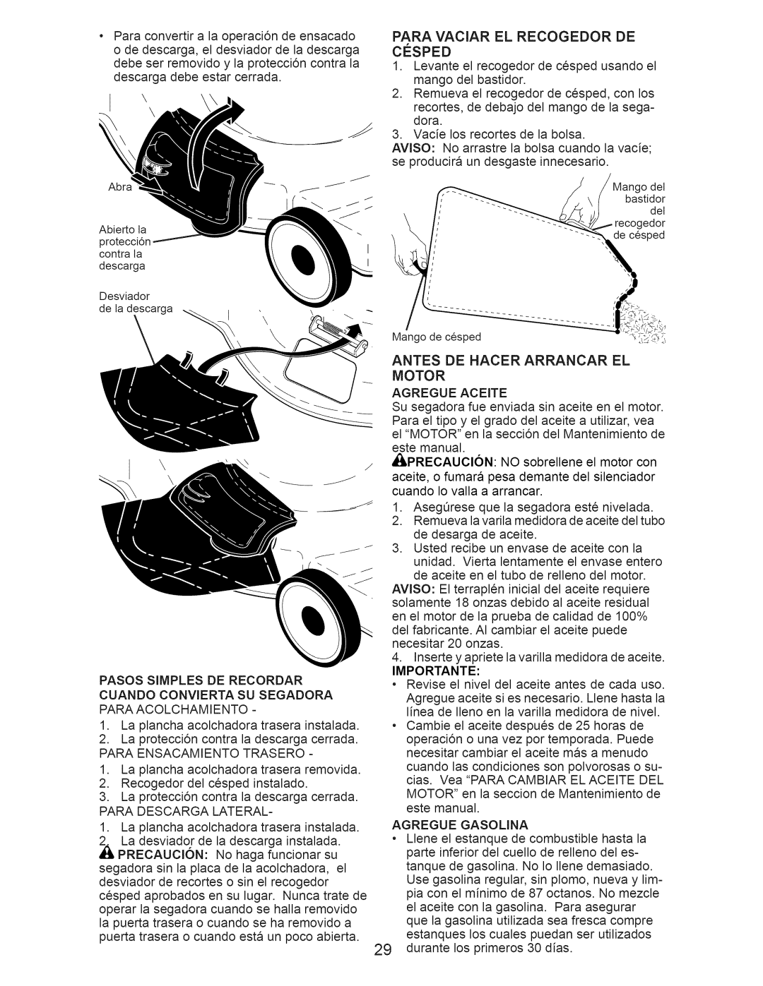 Craftsman 37624 manual Paraconvertira la operaci6ndeensacado, Para Vaciar El Recogedor De, Antes De Hacer Arrancar El Motor 