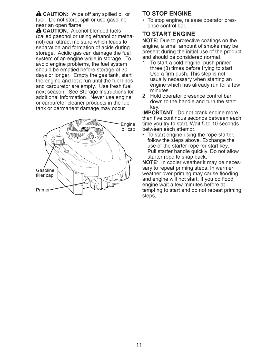 Craftsman 917.376241 owner manual To Stop Engine, To Start Engine 