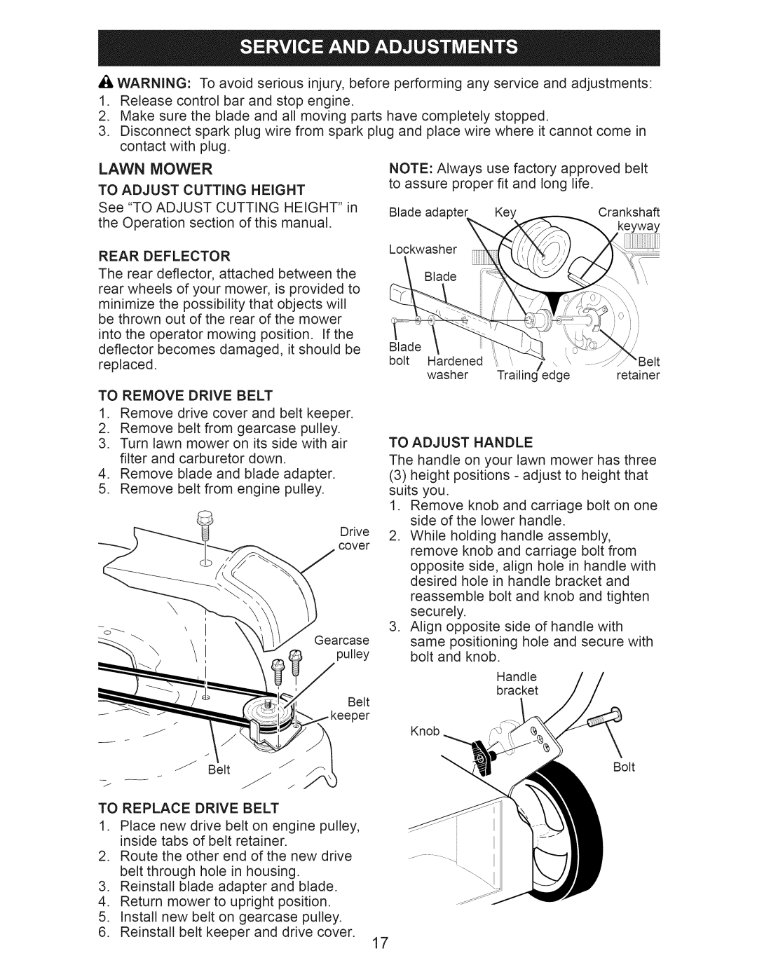 Craftsman 917.376241 owner manual Rear Deflector, To Remove Drive Belt, To Adjust Handle, To Replace Drive Belt 