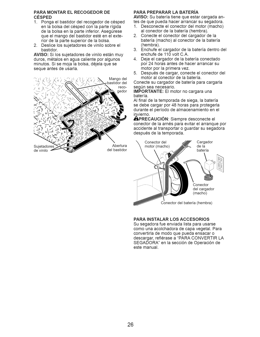Craftsman 917.376241 owner manual Para Montar EL Recogedor DE Cesped, Para Instalar LOS Accesorios 