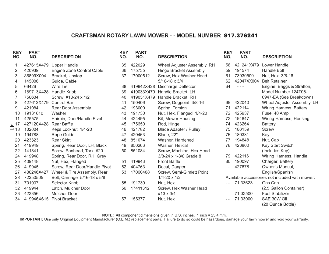 Craftsman 917.376241 owner manual Craftsman, Key, Part Description, SAE 30W 