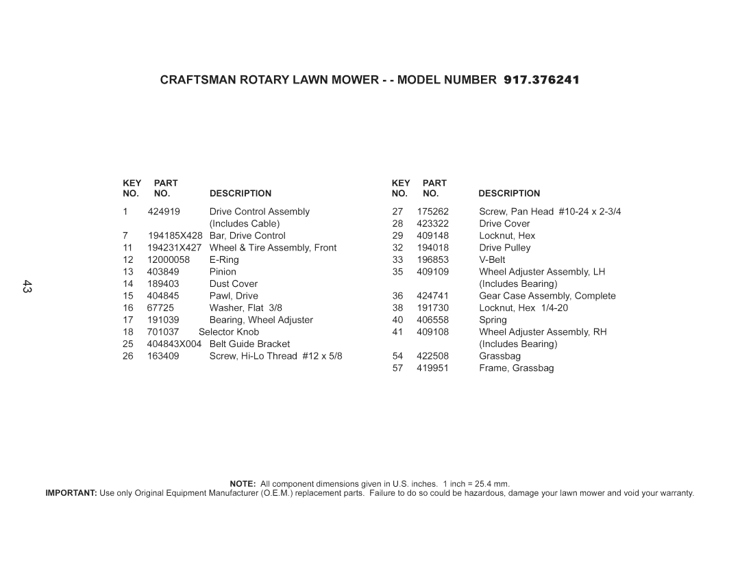 Craftsman 917.376241 owner manual KEY Part Description, DESCRiPTiON 