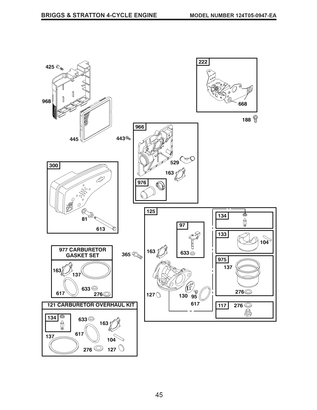 Craftsman 917.376241 owner manual Gasket SET, Carburetor Overhaul KIT 