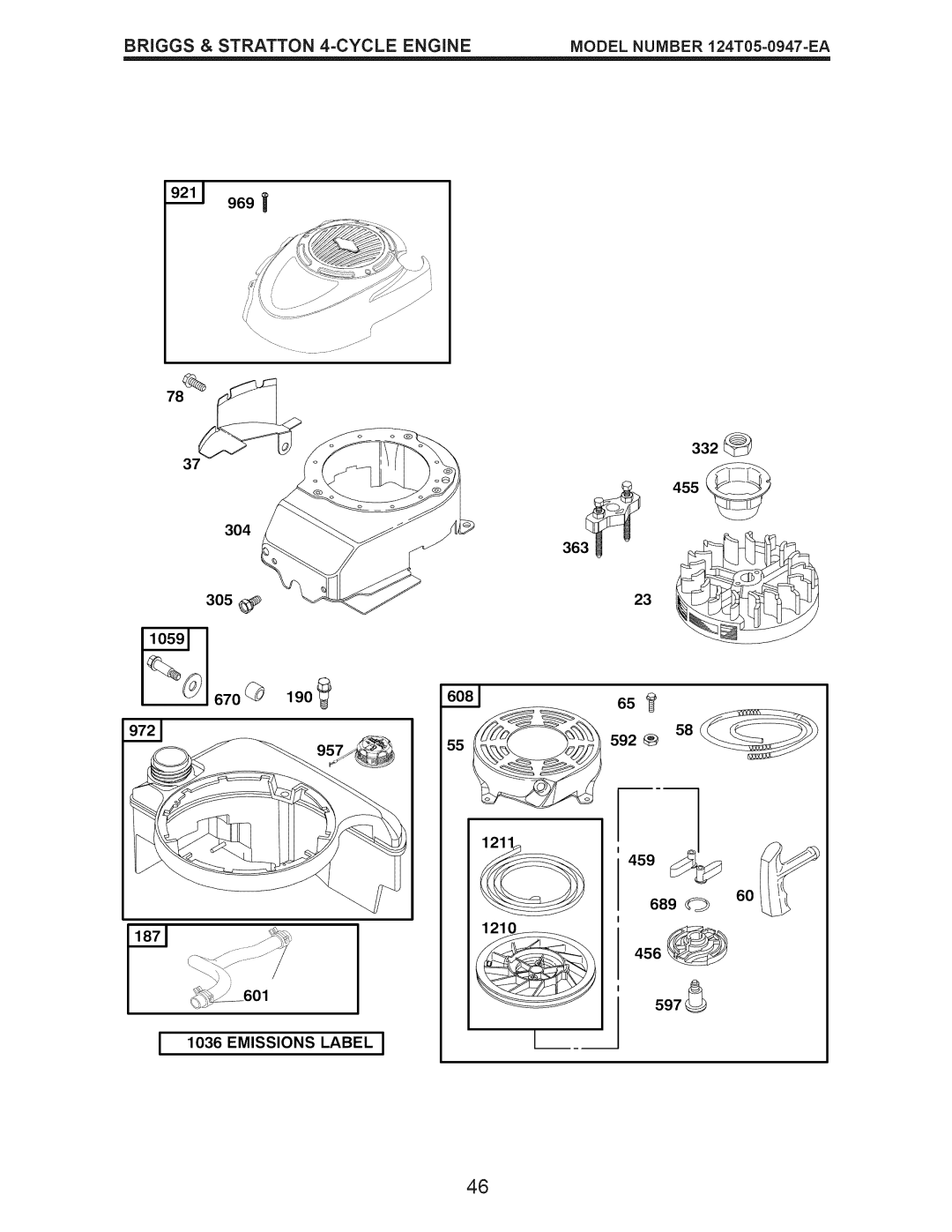 Craftsman 917.376241 owner manual 305 332 455 190 592, Emissions Label, 689, 597 