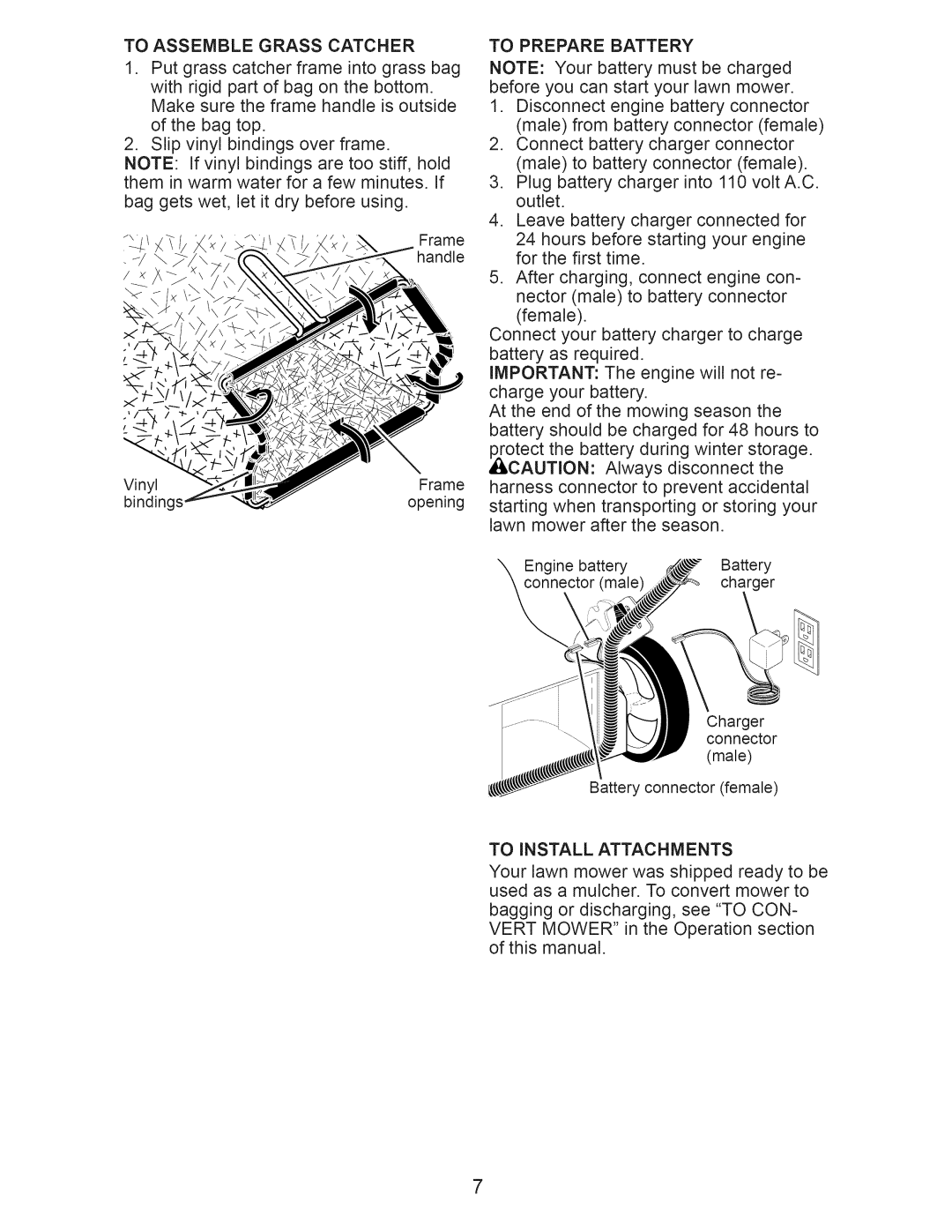 Craftsman 917.376241 owner manual To Assemble Grass Catcher, To Prepare Battery, To Install Attachments 