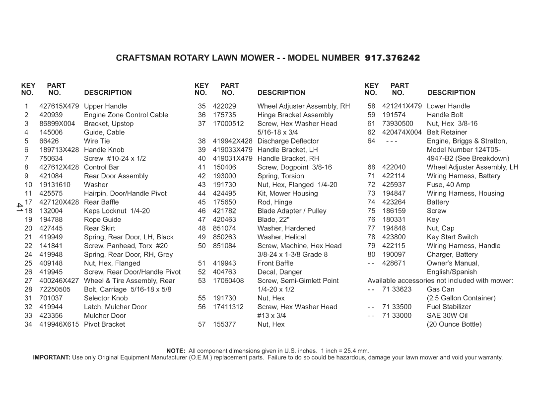Craftsman 917.376242 manual Craftsman, Key, Part Description, SAE 30W 
