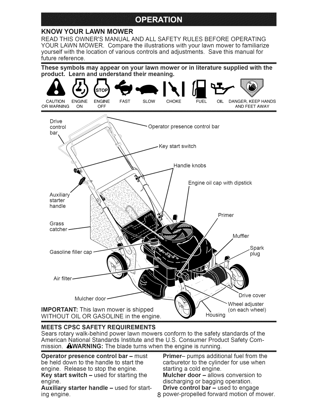 Craftsman 917.376242 manual Know Your Lawn Mower, Without OIL or Gasoline, Meets Cpsc Safety Requirements 