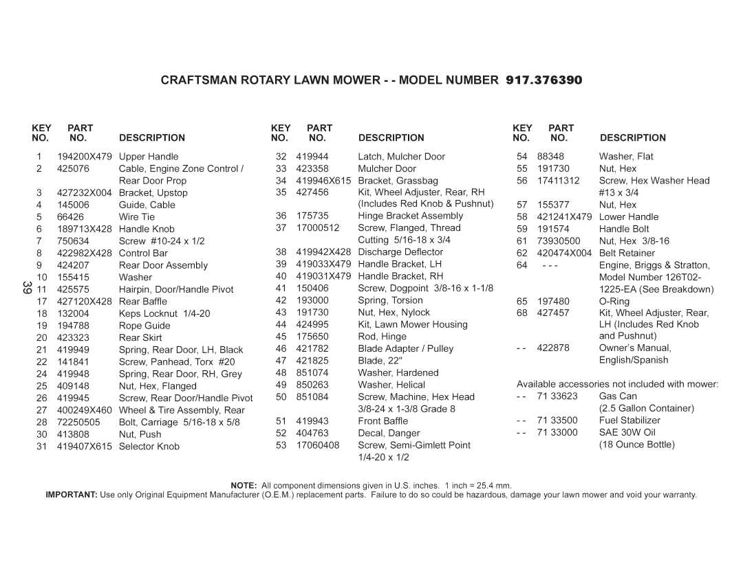 Craftsman 917.376390 manual DESCRiPTiON, KEY Part Description 