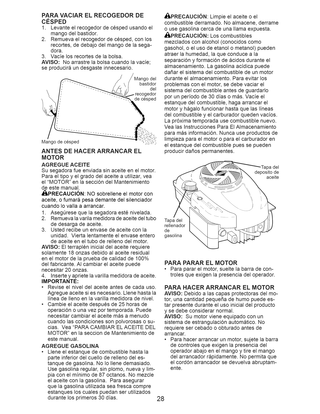 Craftsman 917.376390 manual Antes De Hacer Arrancar El Motor, Para Parar El Motor, Importante 