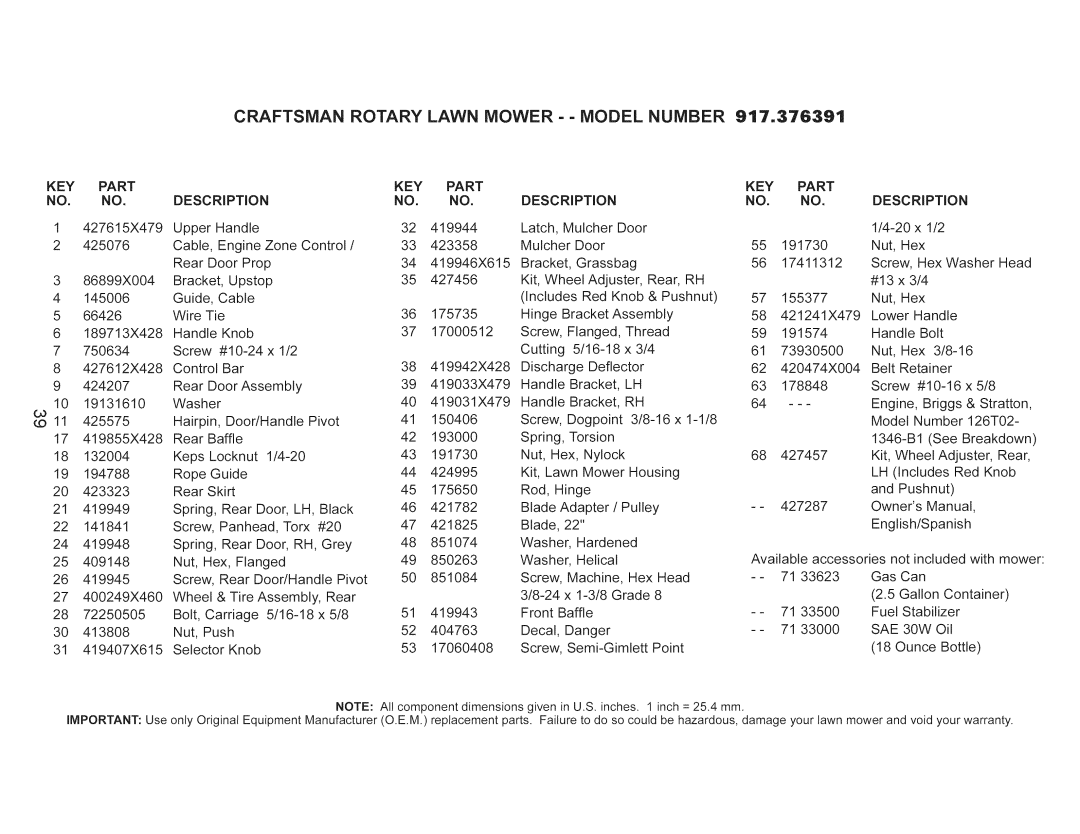 Craftsman 917.376391 owner manual Craftsman Rotary Lawn Mower - Model Number 917=376391, KEY Part Description 