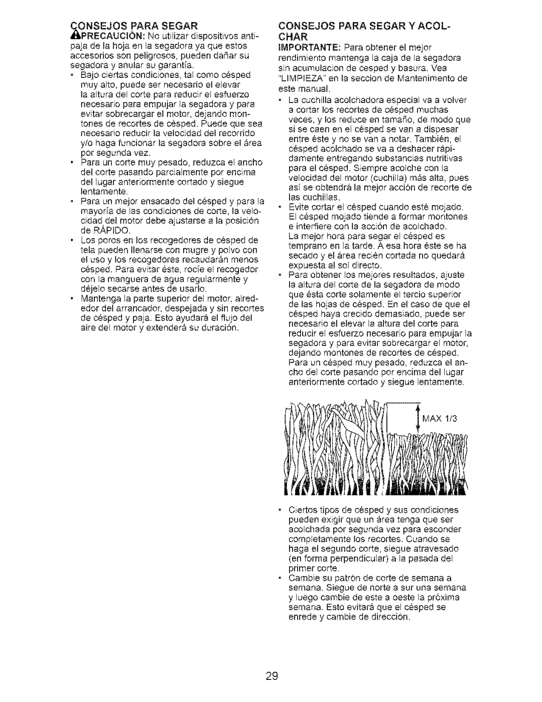 Craftsman 917.376392 manual Onsejos Para Segar, Consejos Para Segar Y ACOL- Char 