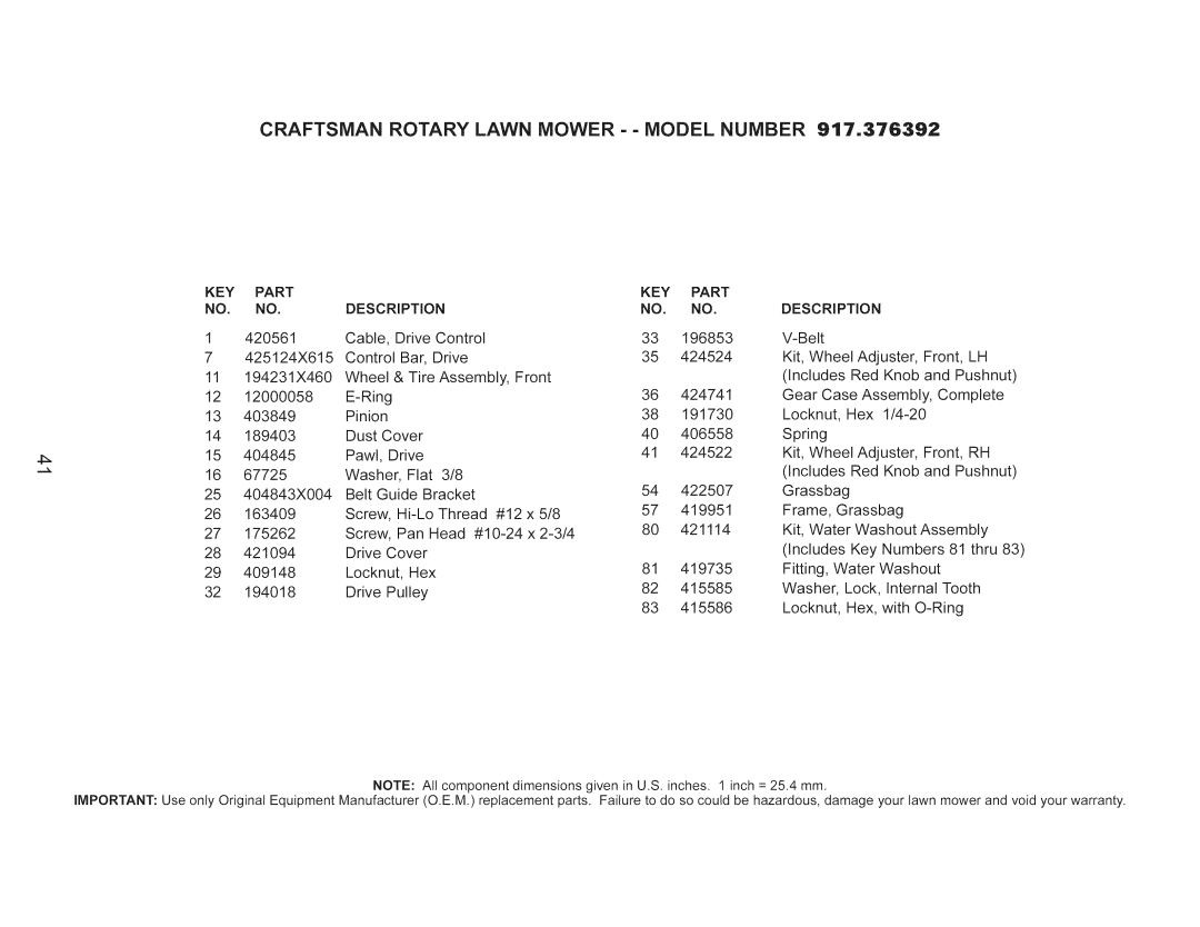 Craftsman 917.376392 manual Craftsman Rotary Lawn Mower - Model Number, KEY Part, Description 