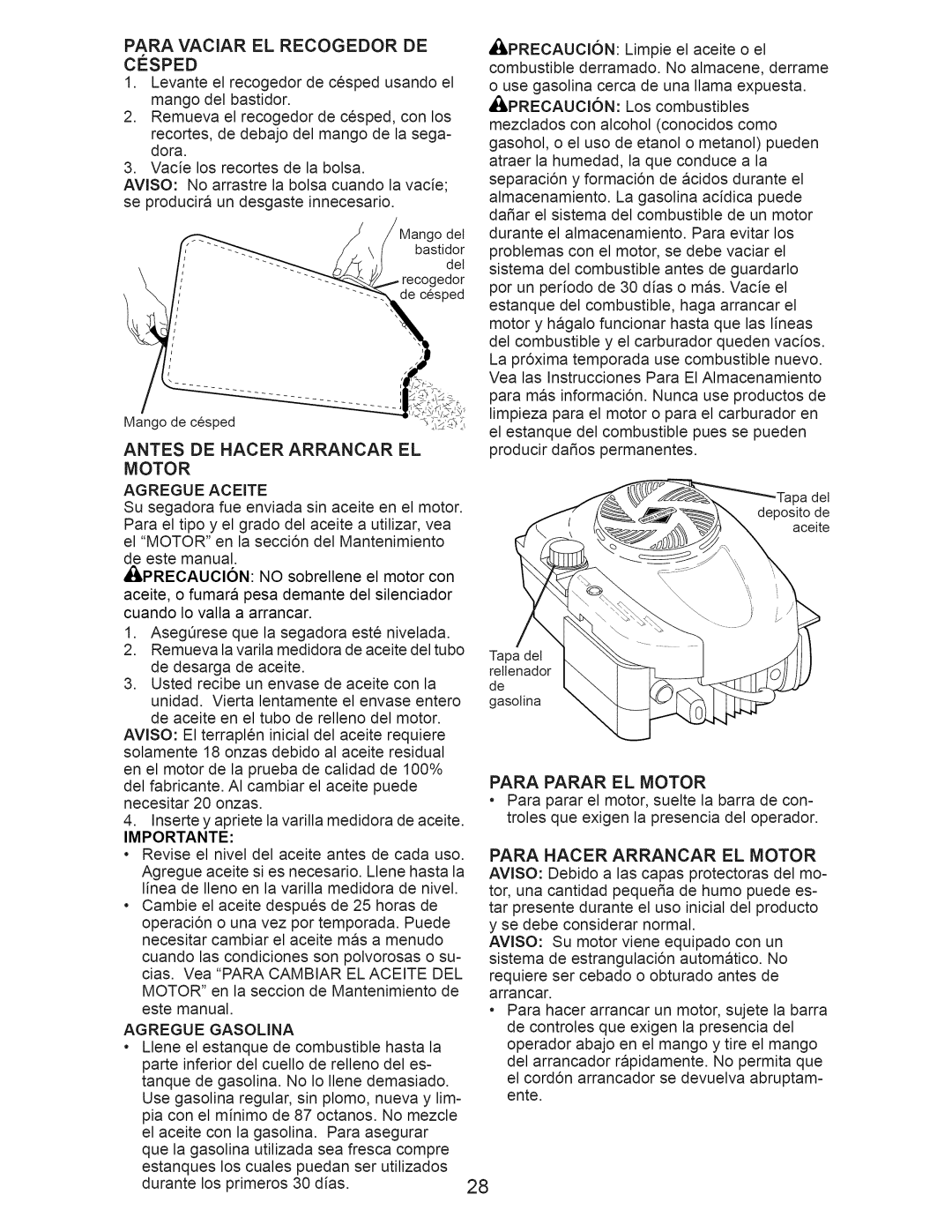 Craftsman 917.376393 manual Antes DE Hacer Arrancar EL Motor, Para Parar EL Motor, Para Vaciar EL Recogedor DE Cesped 