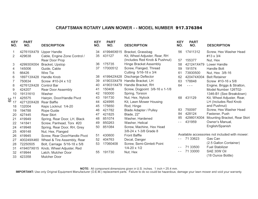 Craftsman 917.376394 owner manual KEY Part, DESCRiPTiON, Key, Part Description 