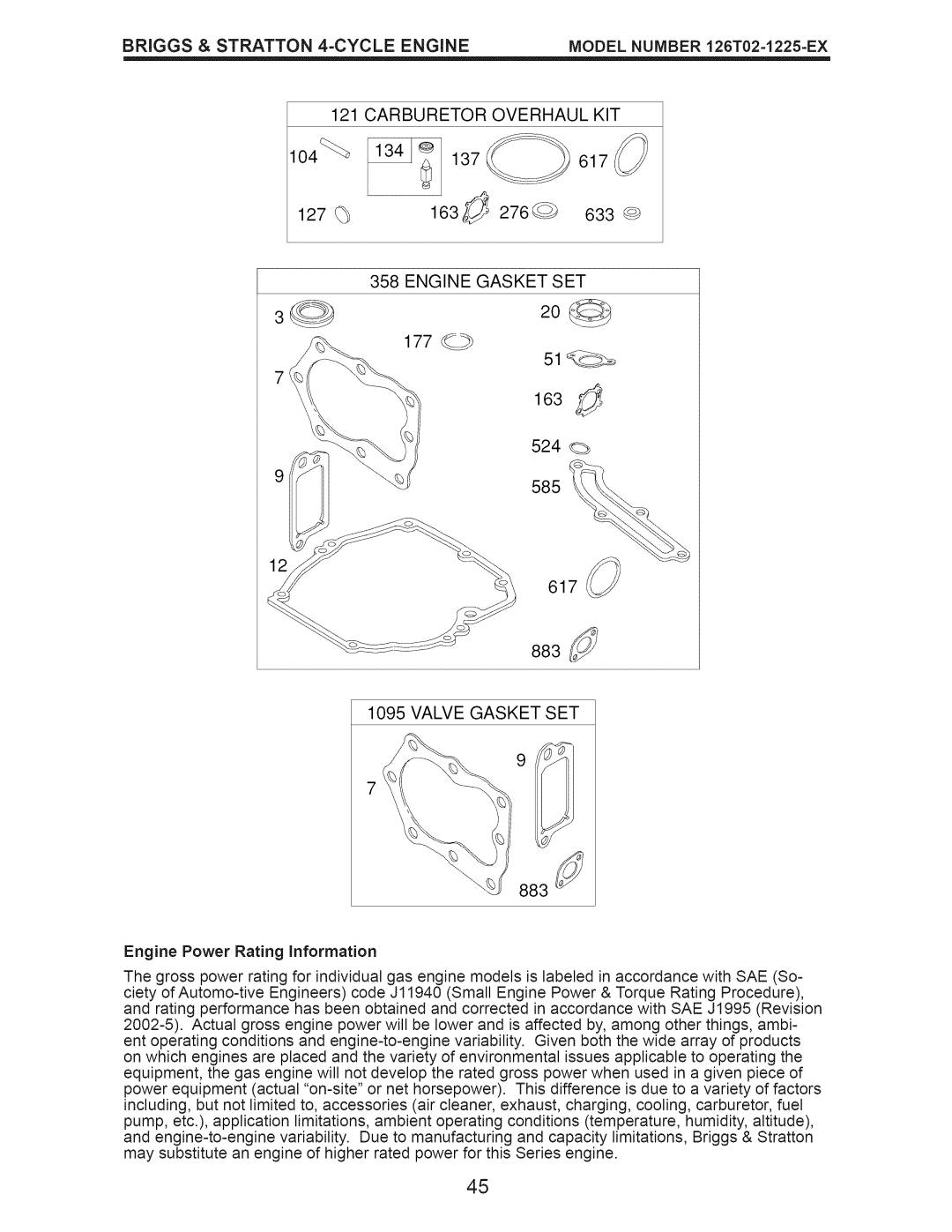 Craftsman 917.376396 Carburetor Overhaul KIT, Engine Gasket SET, Valve Gasket SET, Engine Power Rating information 