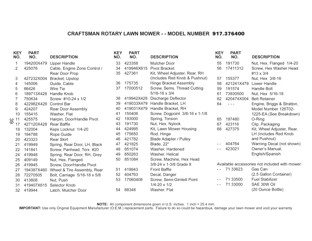 Craftsman 917.376400 owner manual KEY Part Description, SAE 30W 