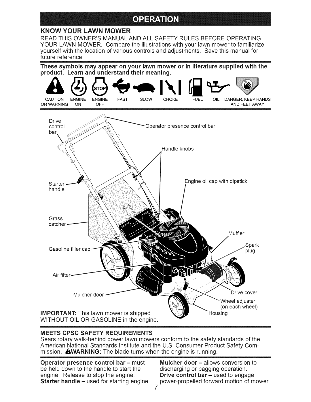 Craftsman 917.376400 owner manual Know Your Lawn Mower, Meets Cpsc Safety Requirements 