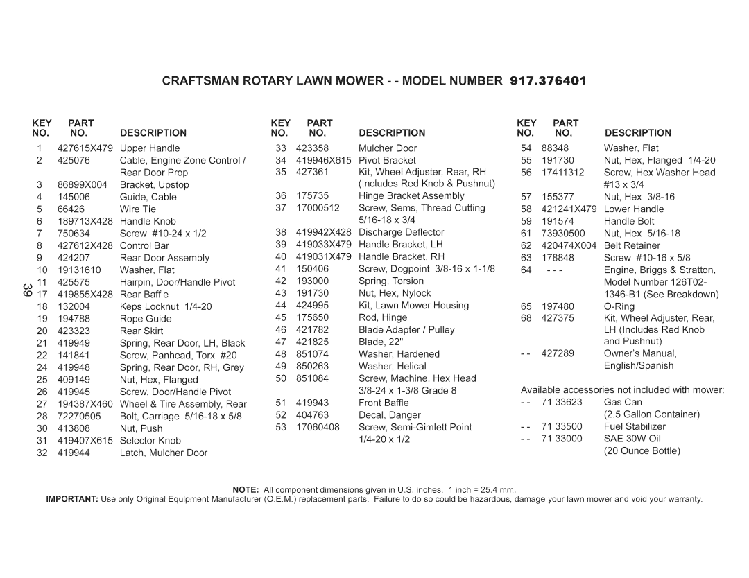 Craftsman 917.376401 owner manual Key, Part Description, SAE 30W 