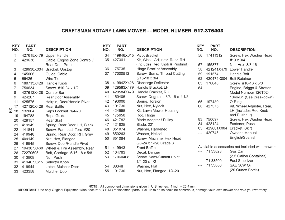 Craftsman 917.376403 manual Craftsman Rotary Lawn Mower - Model Number 917o376403, KEY Part 