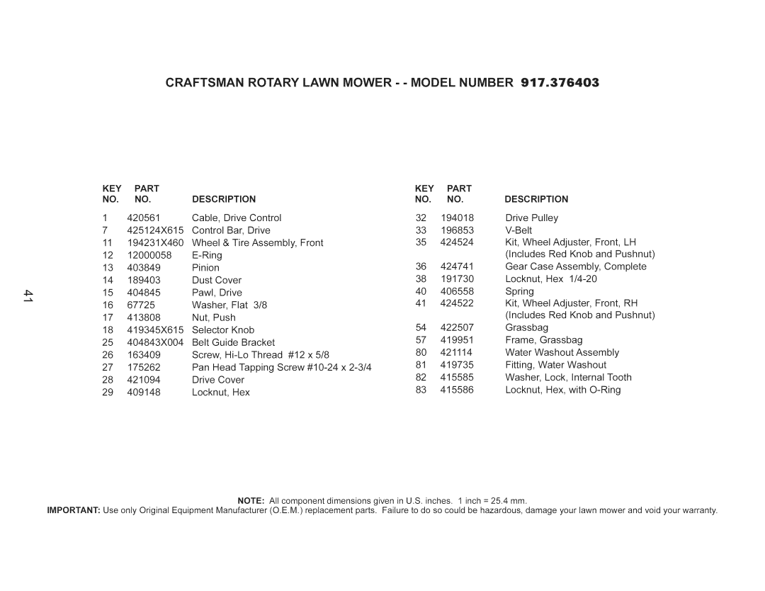 Craftsman 917.376403 manual Craftsman Rotary Lawn Mower - Model Number 917o376403, KEY Part Description 