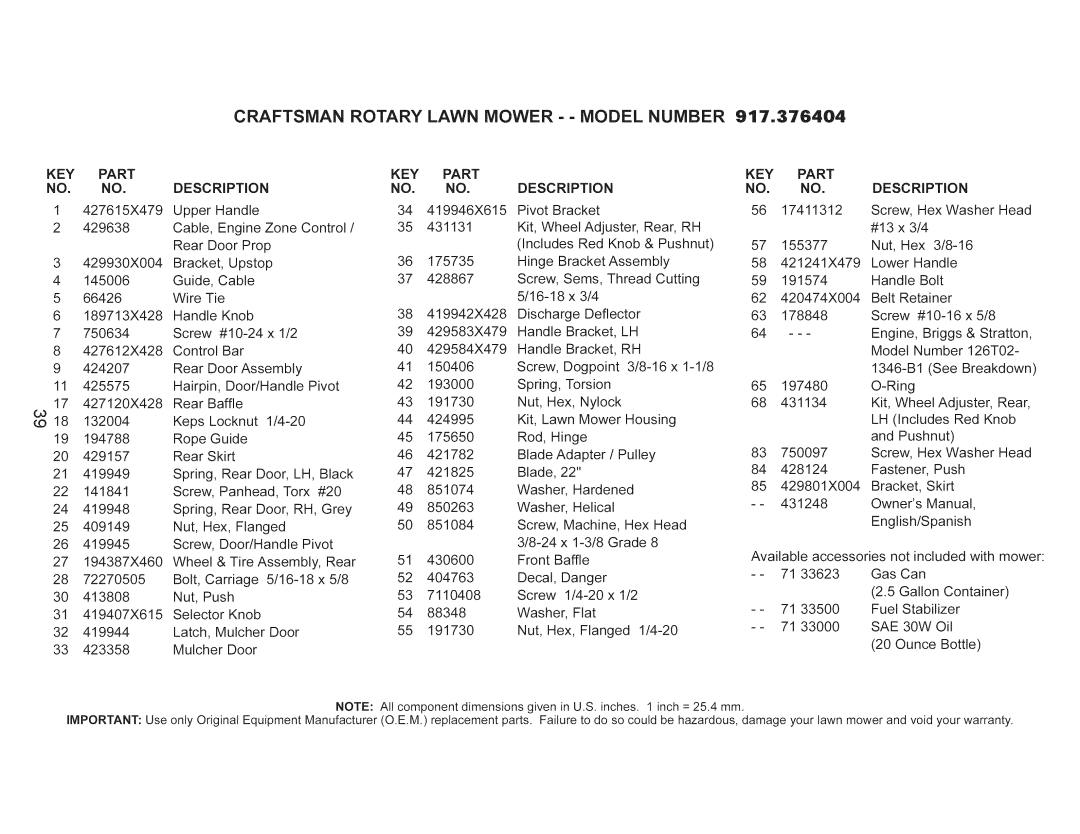 Craftsman 917.376404 owner manual Key, Part Description 