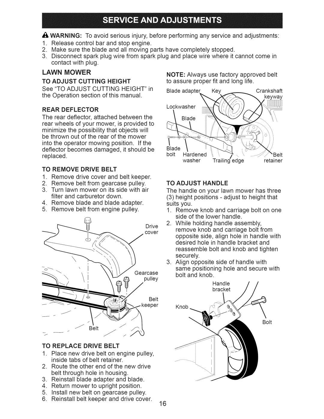Craftsman 917.376405 owner manual Lawn Mower, Rear Deflector, To Remove Drive Belt, To Adjust Handle, To Replace Drive Belt 