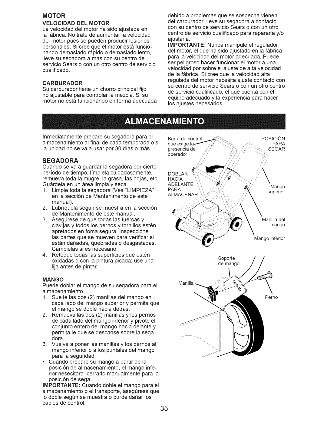 Craftsman 917.376405 owner manual Velocidad DEL Motor, Carburador, Segadora 