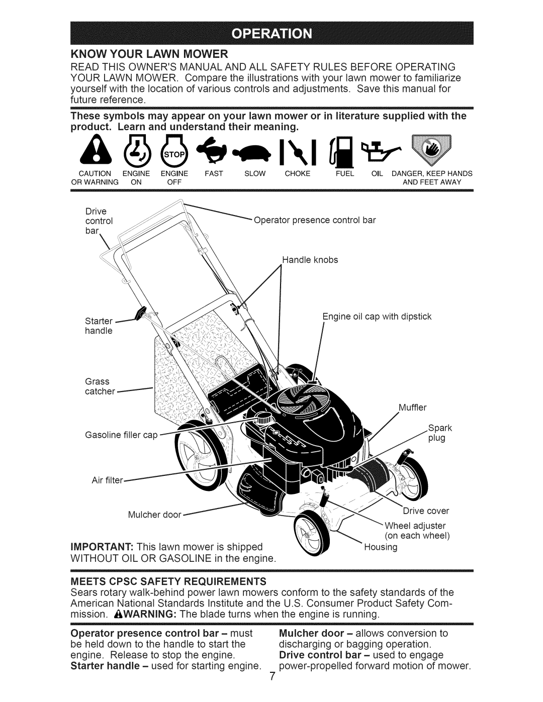 Craftsman 917.376405 owner manual Know Your Lawn Mower, Meets Cpsc Safety Requirements 