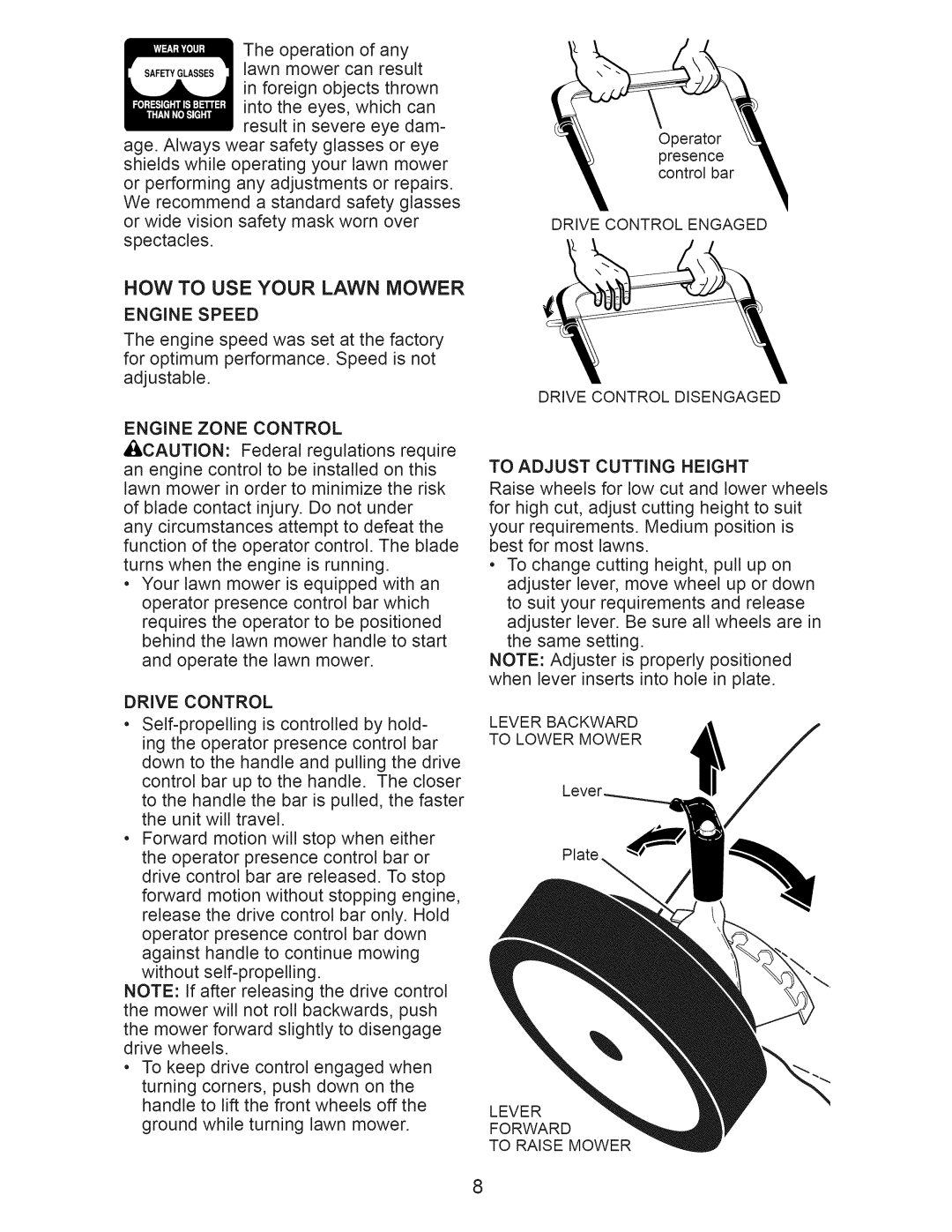 Craftsman 917.376405 owner manual HOW to USE Your Lawn Mower, Engine Speed, Engine Zone Control, Drive Control 