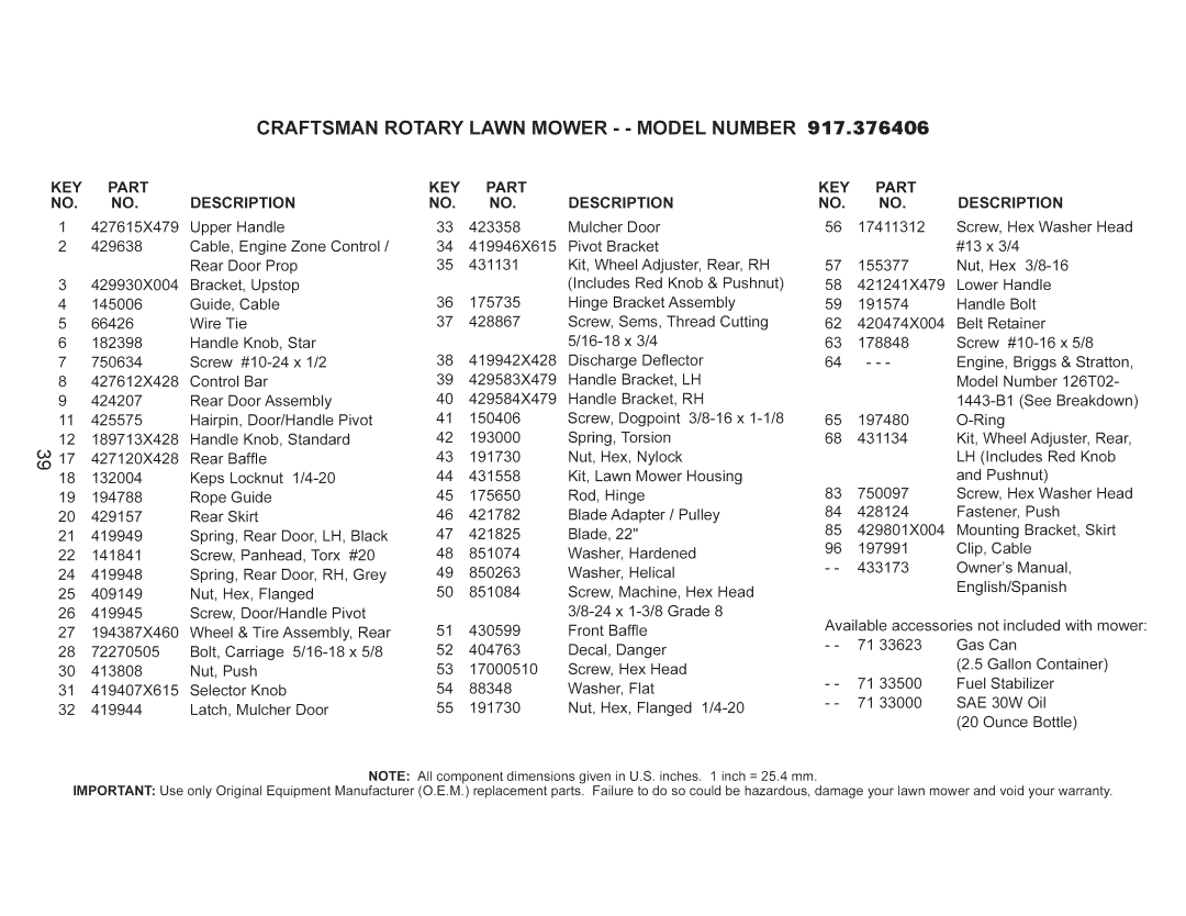 Craftsman 917.376406 owner manual KEY Part Description, SAE 30W 